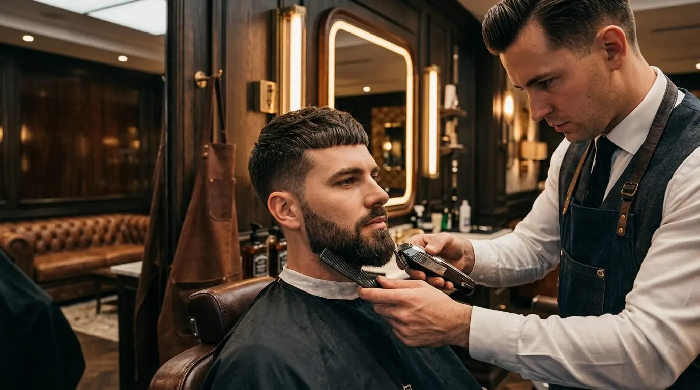 Intérieur d'un barber shop moderne et élégant, ambiance premium du service Gentleman Barber en Guyane française